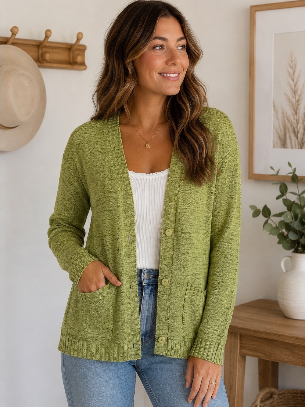 Gollehaug Green Knit Cardigan Sweater Button Front Cottagecore Size Approx M/L